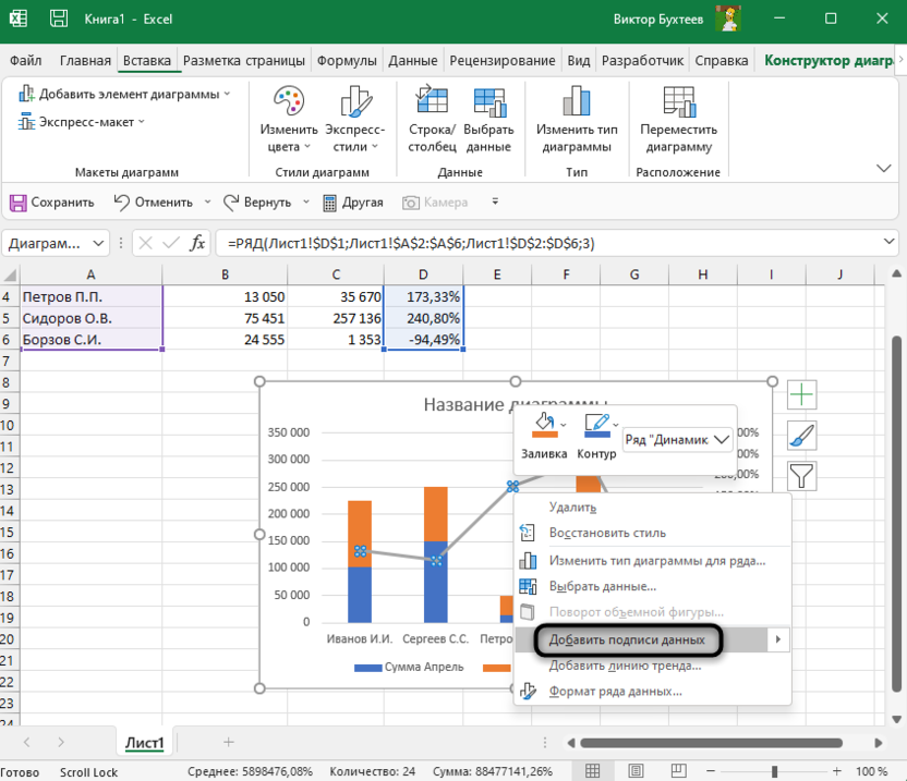 Добавление названия для диаграммы в microsoft excel